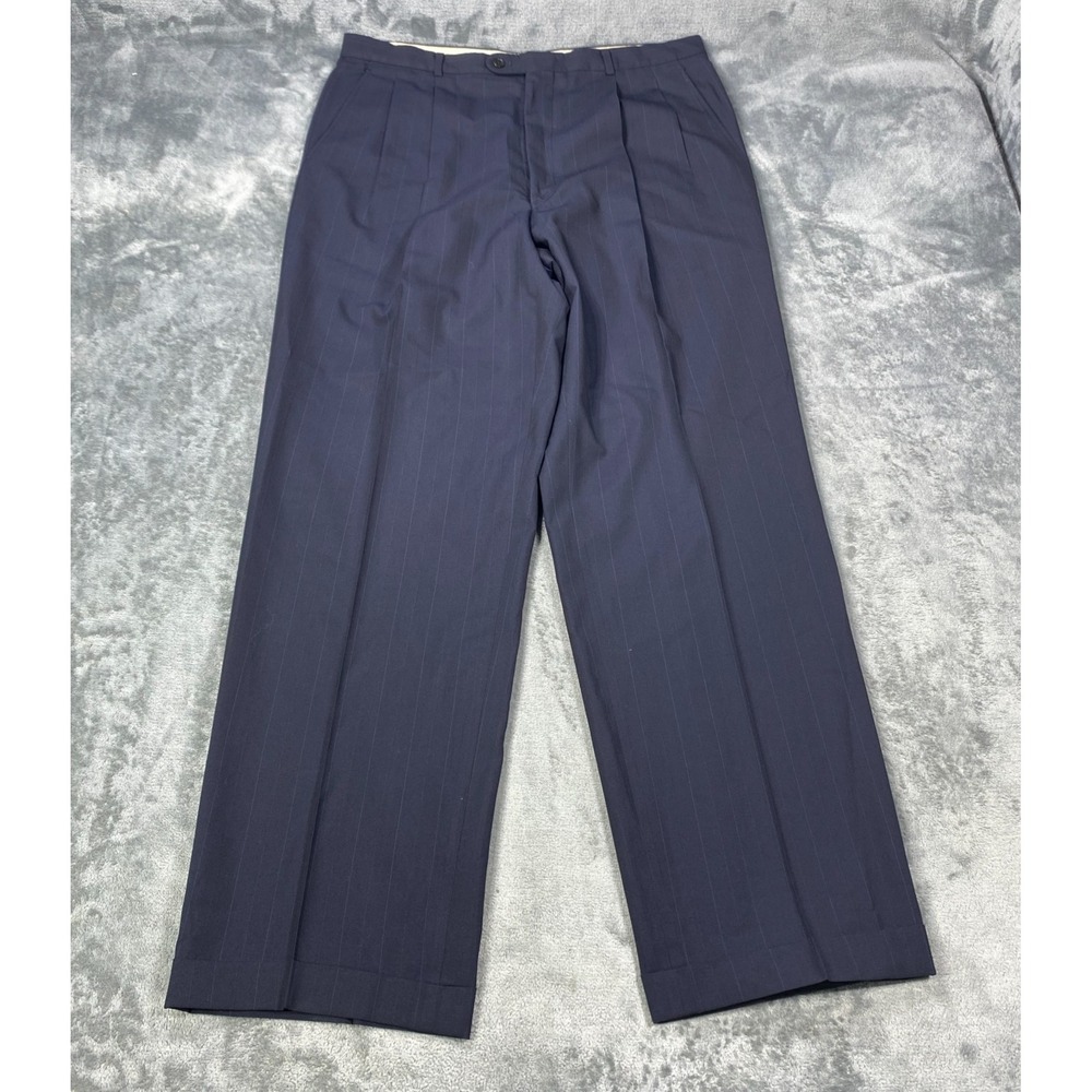 VTG 90s Hickey Freeman Dress Pants 36x32 Blue Striped Wool Trousers Pleated Cuff